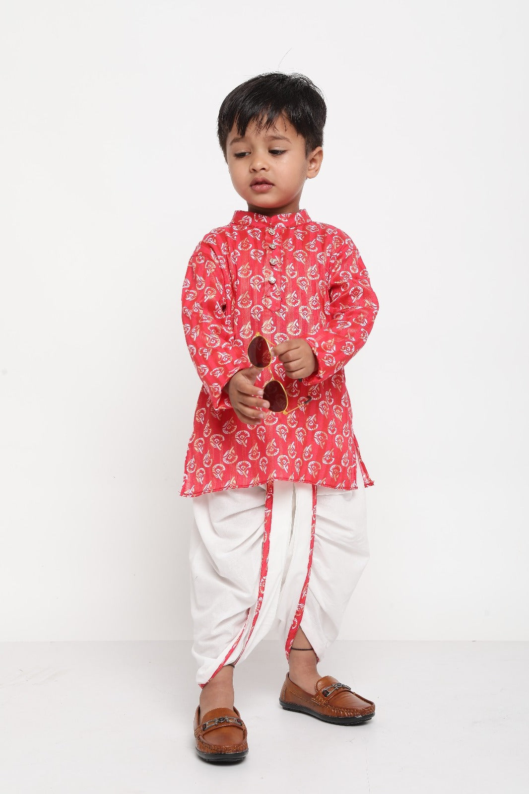 Boys’ Vibrant Red Ikkat Kurta with Dhoti – Stylish Kids Ethnic Outfit