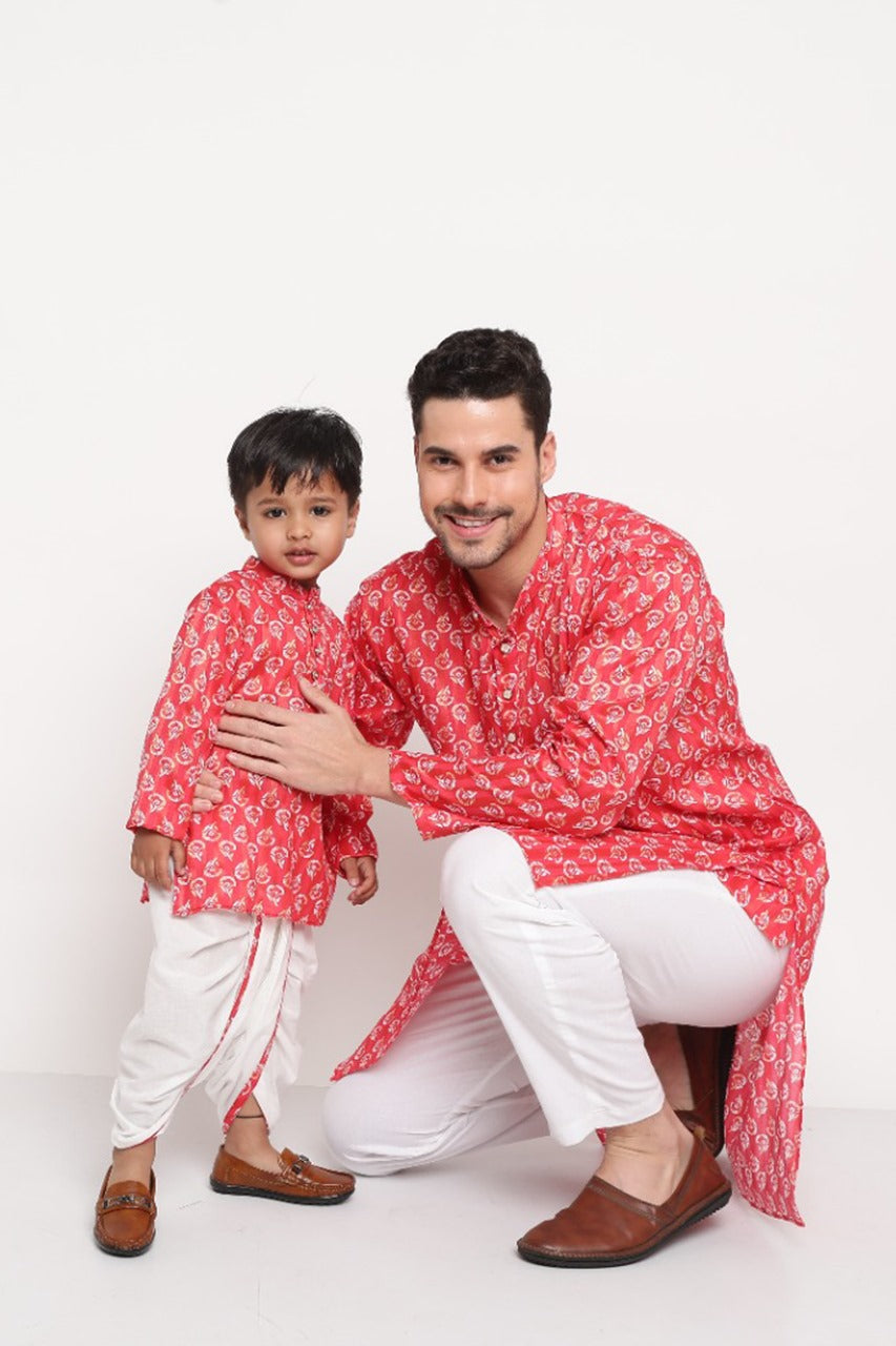 Father-Son Vibrant Red Ikkat Kurta Pajama & Dhoti Combo Set – Festive Matching Outfits