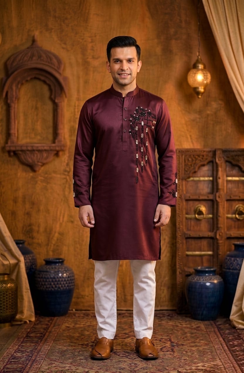 Father-Son Maroon Emroidered Kurta Pajama Combo Set