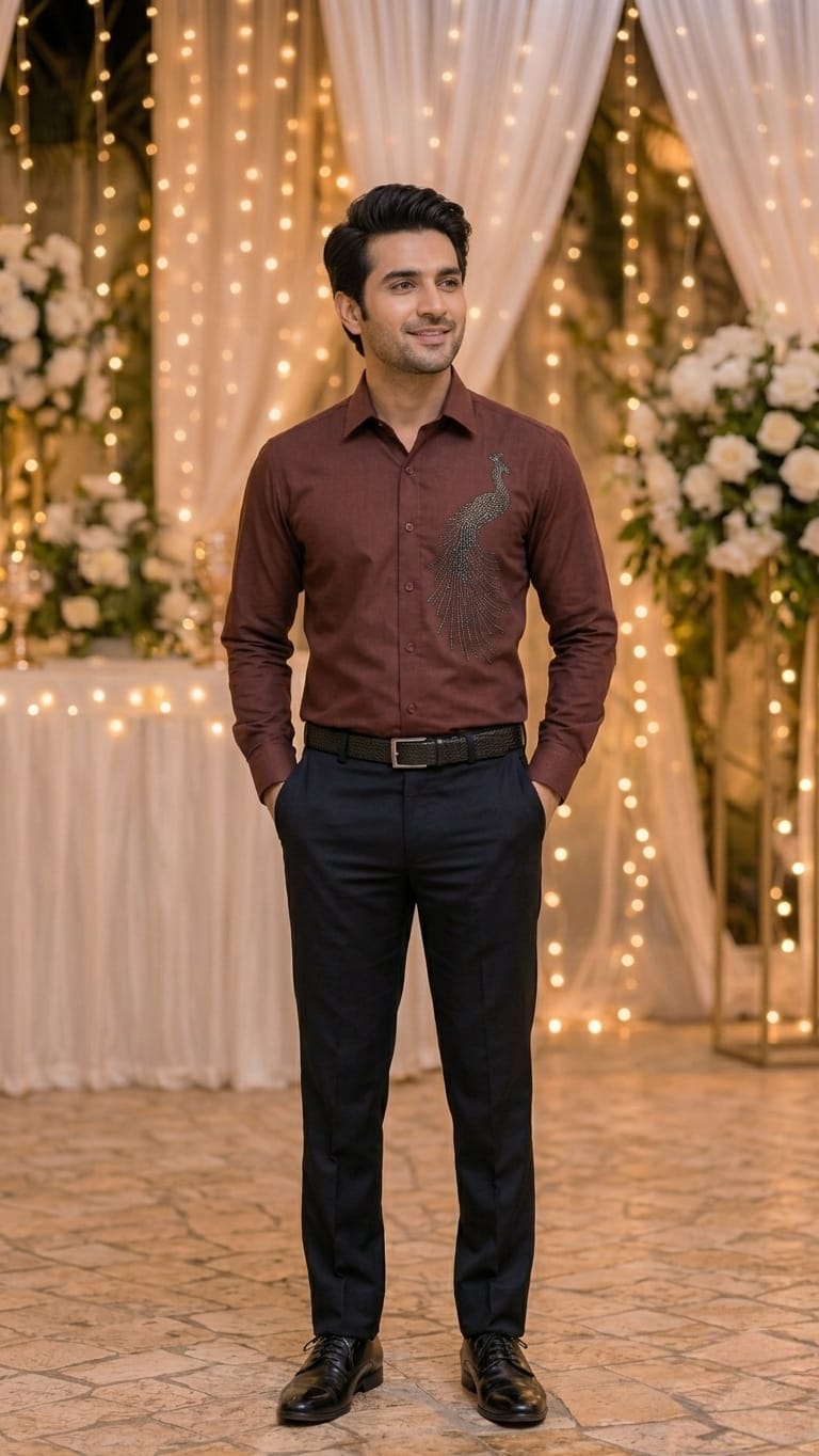 mahroon peacock embelished mens shirt