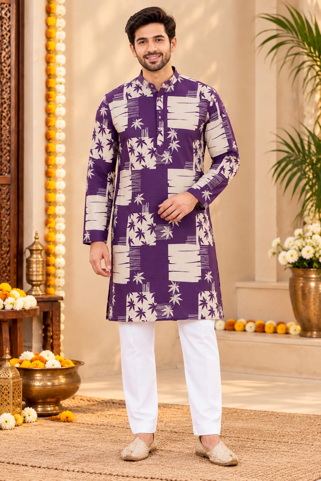 Father-Son Purple Geometric Star Prin Kurta Pajama Combo Set