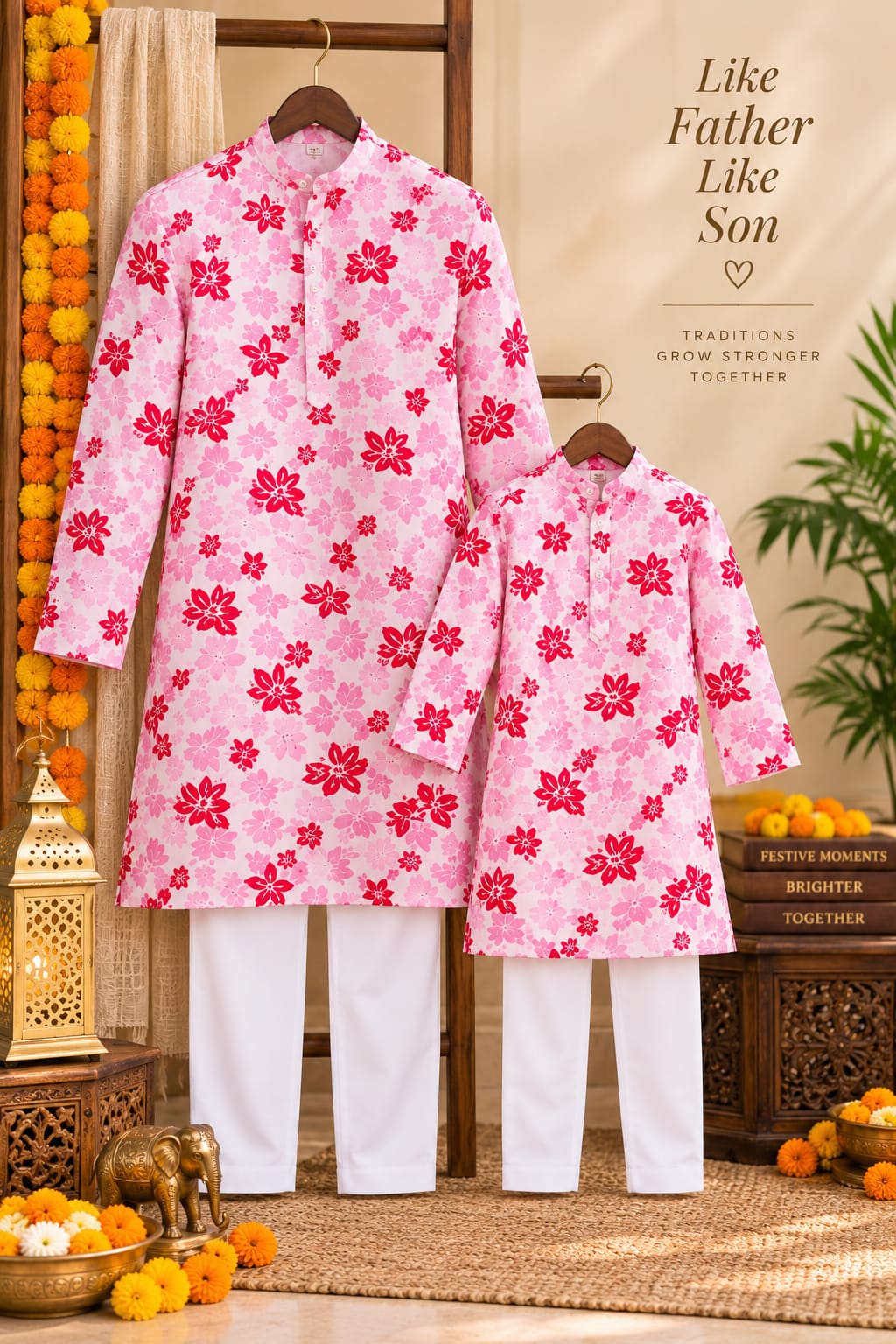 Father-Son Shahi Cherry Blossom Kurta Pajama Combo Set