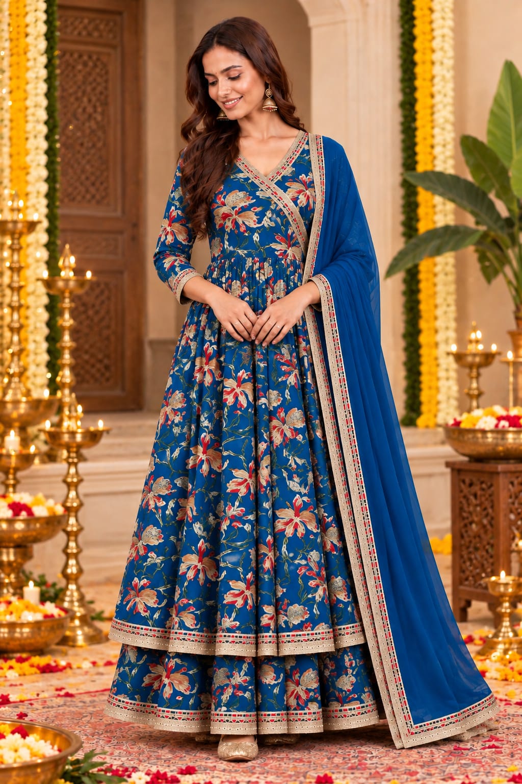 Navy Blue Floral Festive Print Sharara Duppta Set