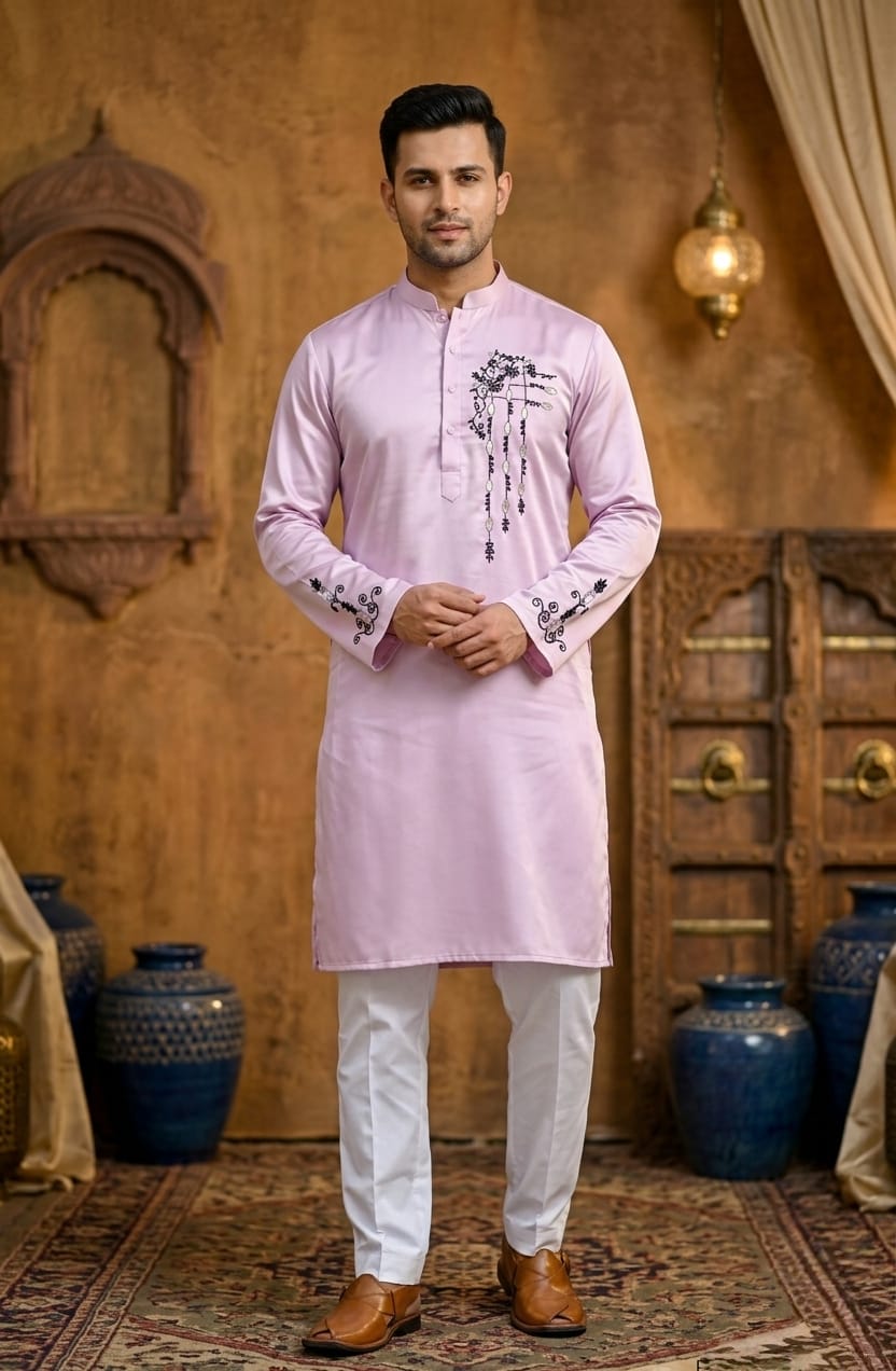 Father-Son Lavender Emroidered Kurta Pajama Combo Set