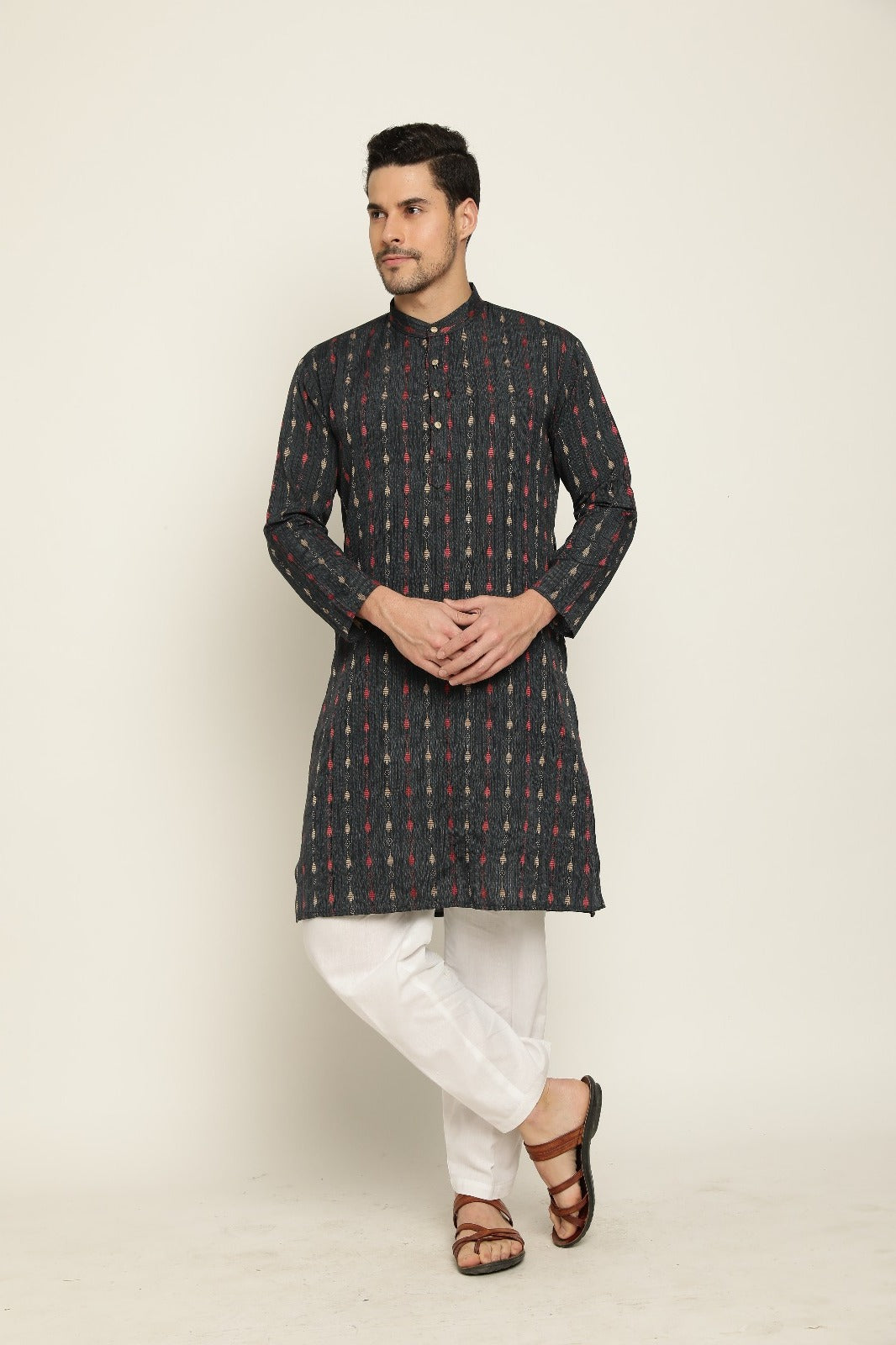 Men’s ivory kurta pajama set with sky blue detailing – traditional ethnic wear for festive and formal occasions