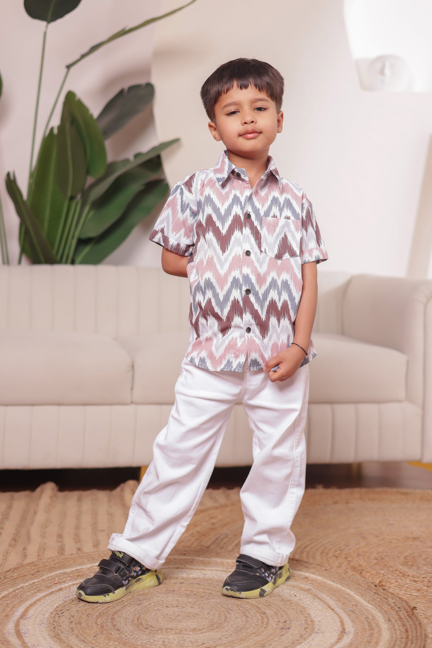 Boho Zigzag son matching shirt in classic stripe pattern, soft breathable cotton comfortable and stylish wear for boys