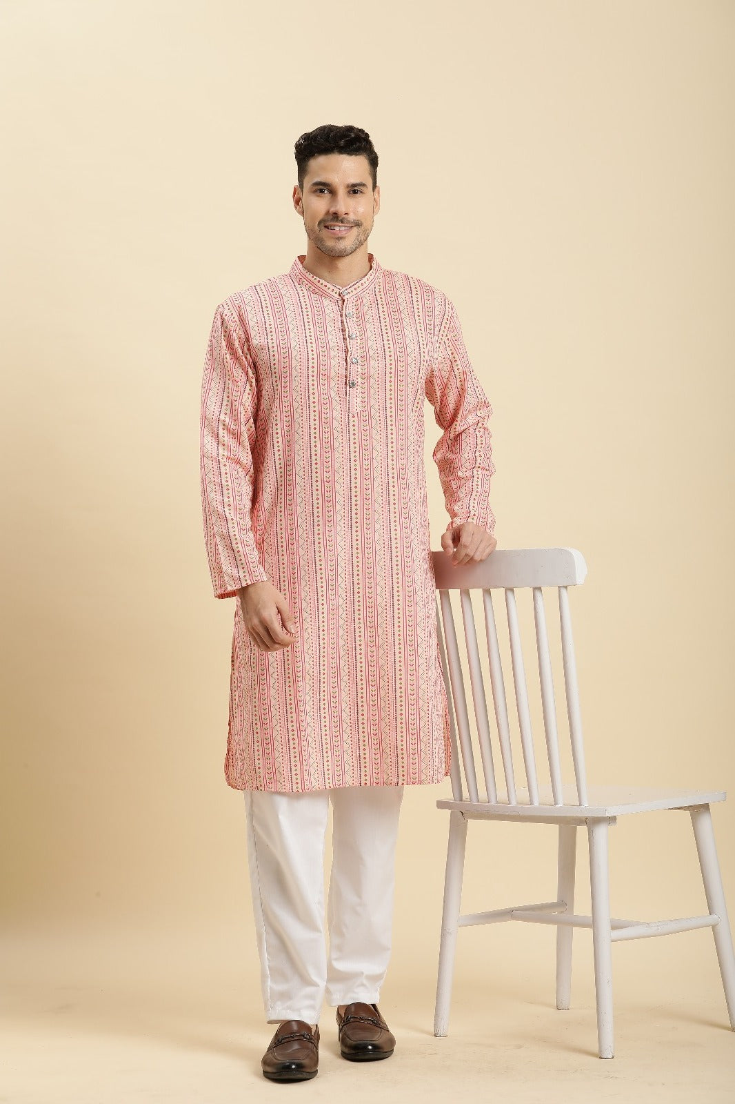 Father-Son Blush Pink Waves Kurta Pajama Combo Set