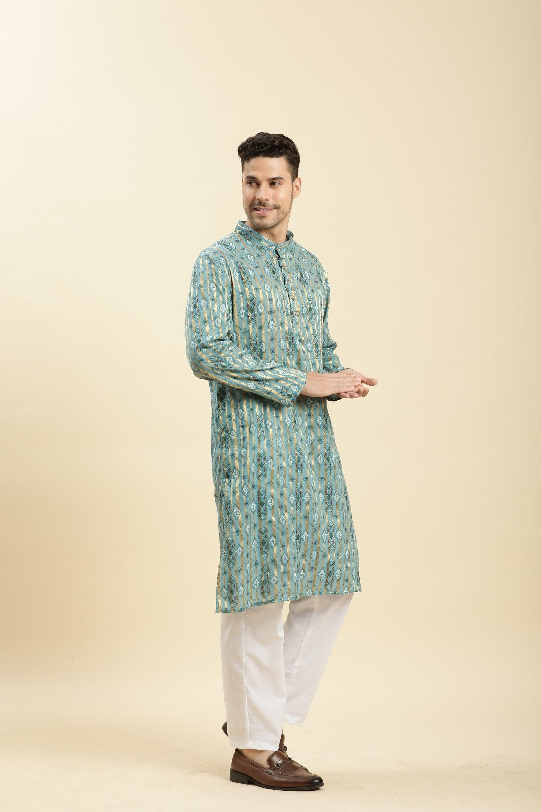 Father-Son Aqua Blue Abstract Print Kurta Pajama Combo Set