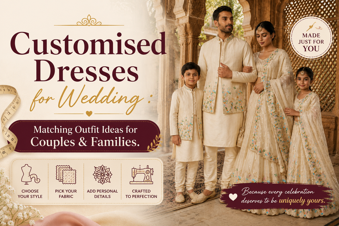 A stylish Indian family wearing customised matching wedding outfits in ivory and pastel embroidery, featuring coordinated traditional attire for couples and kids in a royal heritage setting.