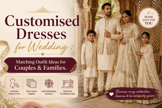 A stylish Indian family wearing customised matching wedding outfits in ivory and pastel embroidery, featuring coordinated traditional attire for couples and kids in a royal heritage setting.