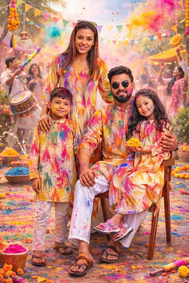 Indian Family wearing colorful ethnic matching outfits for Holi celebration