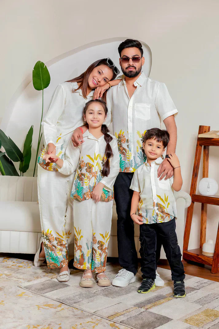 “Family Safari Vibes matching outfits in earthy wheel skin print — soft cotton shirts and co-ord sets for dad, mom, and kids. Ideal for family twinning, outdoor adventures, and vacation styling.”