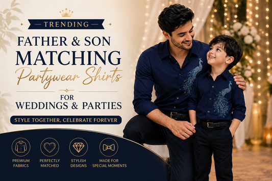 Father and son wearing matching partywear shirts for weddings and festive celebrations.