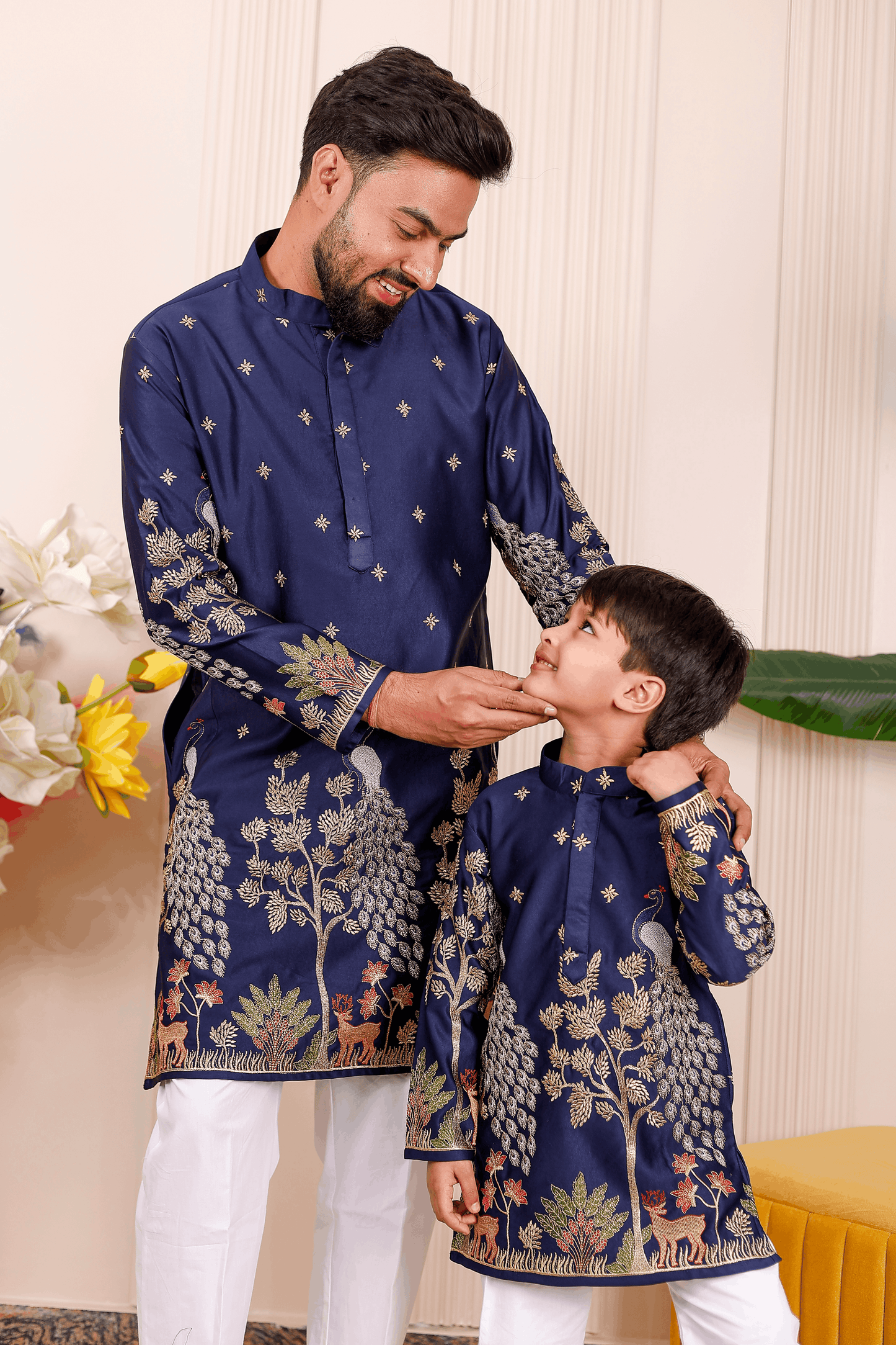 Father-Son Nazakat Blue Peacock Embroidered Kurta Pajama Combo Set