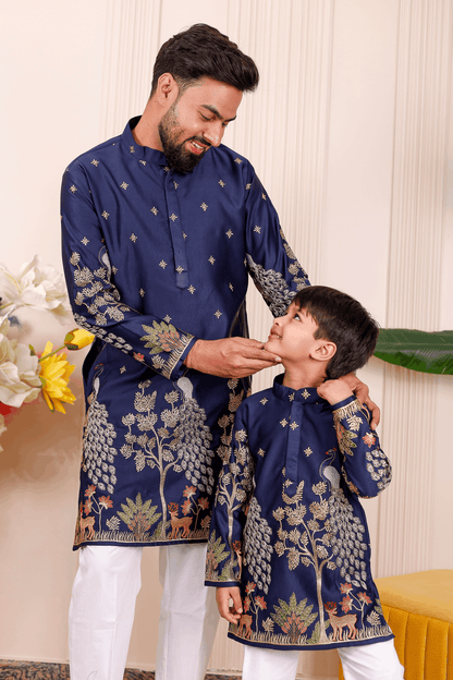 Father-Son Nazakat Blue Peacock Embroidered Kurta Pajama Combo Set
