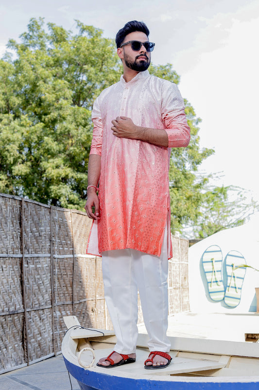  Men’s Orange Tie & Dye Ombre Kurta Pajama – Contemporary Ethnic Wear for Weddings & Cultural Events