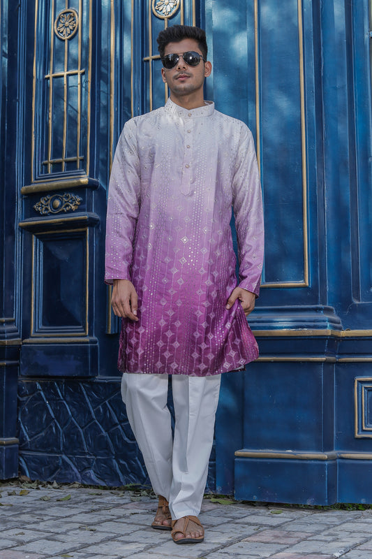 Man wearing purple ombre tie-dye kurta pajama for festive occasion