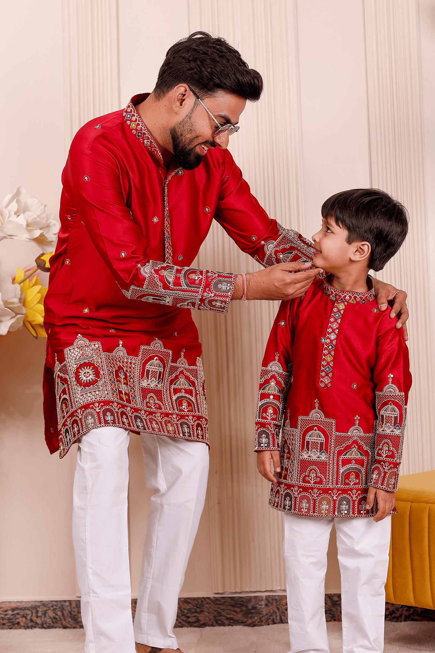 Father-Son Red Heritage Embroidered Kurta Pajama Combo Set