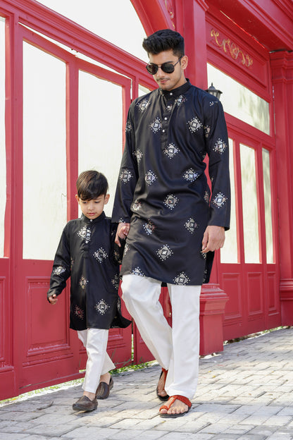 Father-Son Black Diamond Pattern Embroidered Kurta Pajama Combo Set