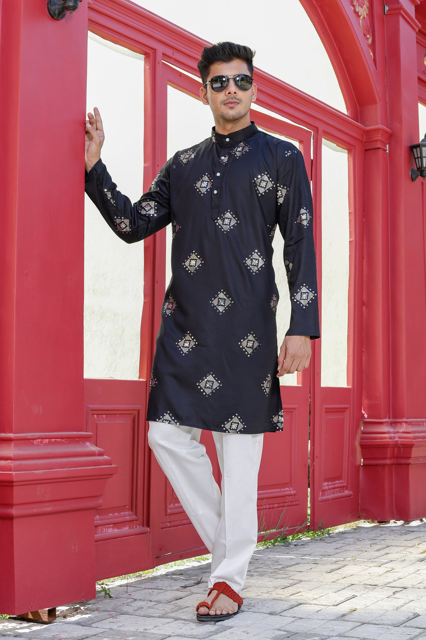 "Men’s Black Diamond Embroidered Kurta with White Pajama – Traditional Wear"