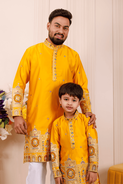 Father-Son Yellow Heritage Embroidered Kurta Pajama Combo Set