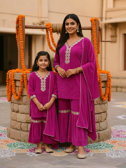 Pink & Gold Mother-Daughter Twinning Set – Elegant Festive  winter Wear