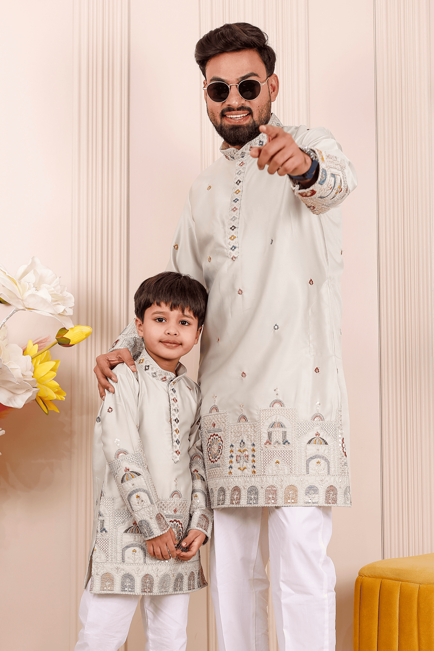 Father-Son Pastel Green Heritage Embroidered Kurta Pajama Combo Set
