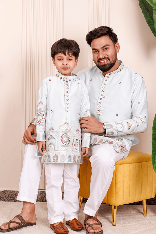 Father-Son Ice Blue Heritage Embroidered Kurta Pajama Combo Set