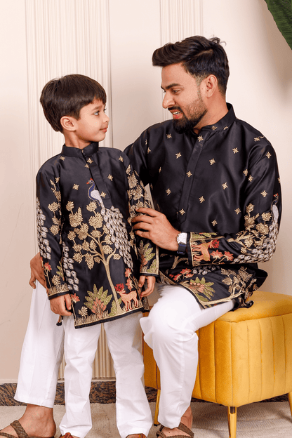 Father-Son Black Peacock Embroidered Kurta Pajama Combo Set