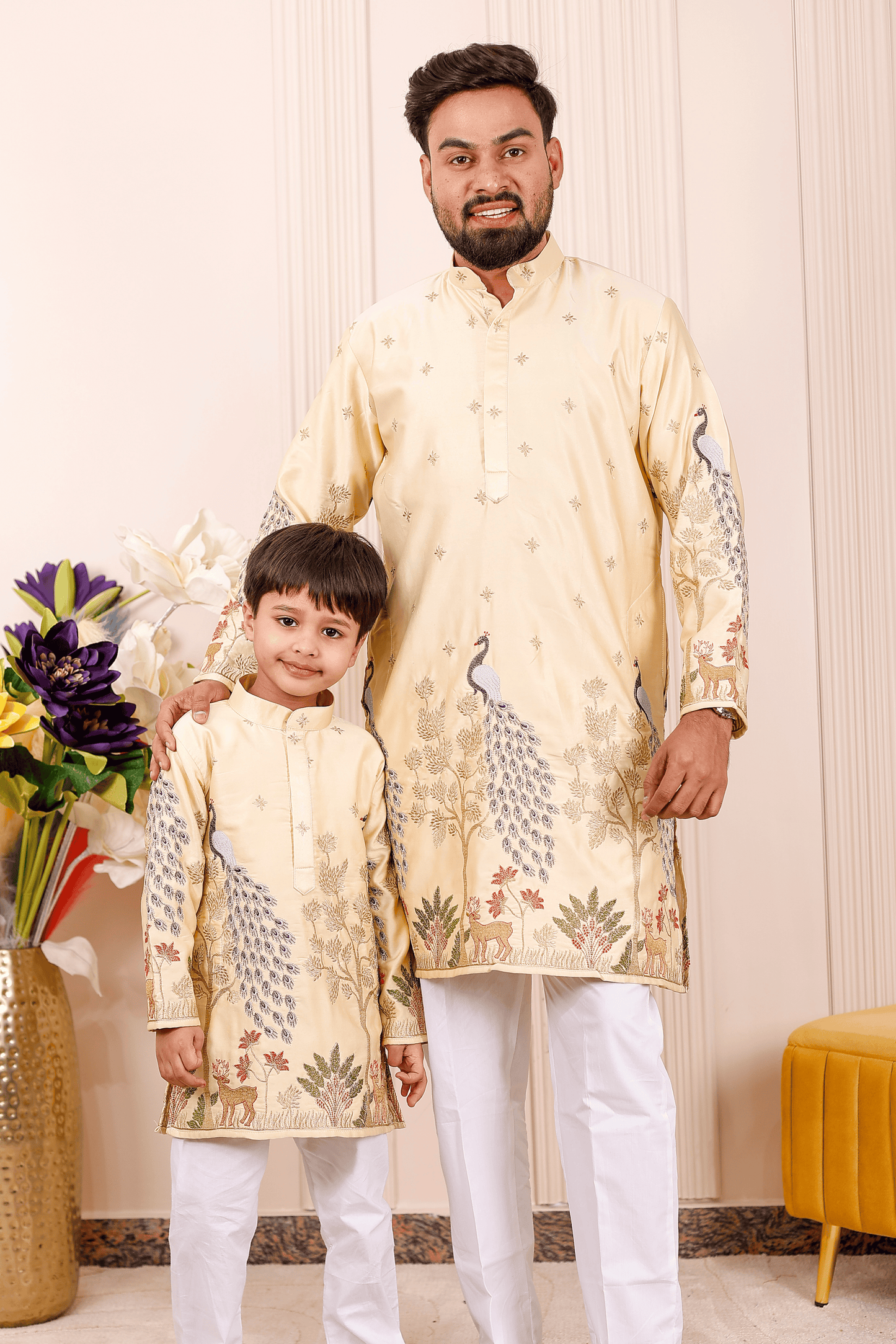 Father-Son Yellow Peacock Embroidered Kurta Pajama Combo Set