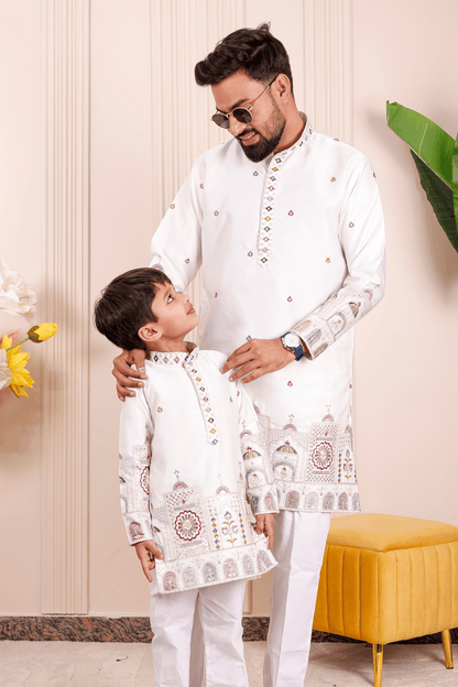 Father-Son Ivory Heritage Embroidered Kurta Pajama Combo Set