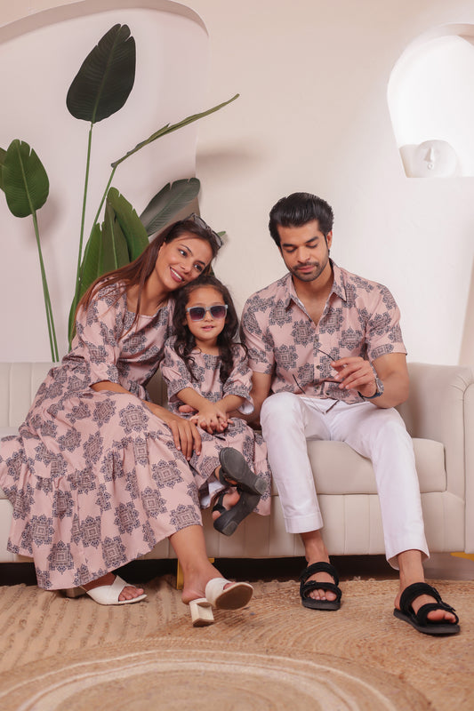 Modern Mehfil family combo featuring printed cotton shirts for men and boys, and coordinated dresses for women and girls — perfect for everyday family twinning looks and casual outings