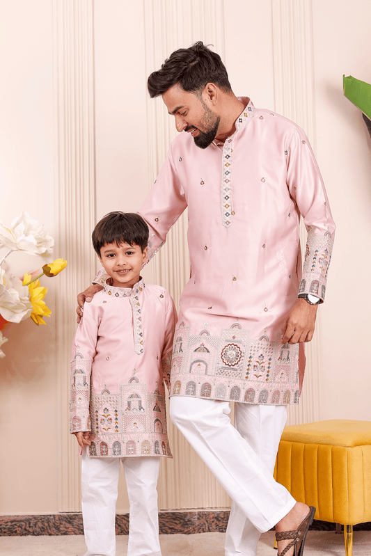 Father-Son Pastel Pink Heritage Emroidered Kurta Pajama Combo Set