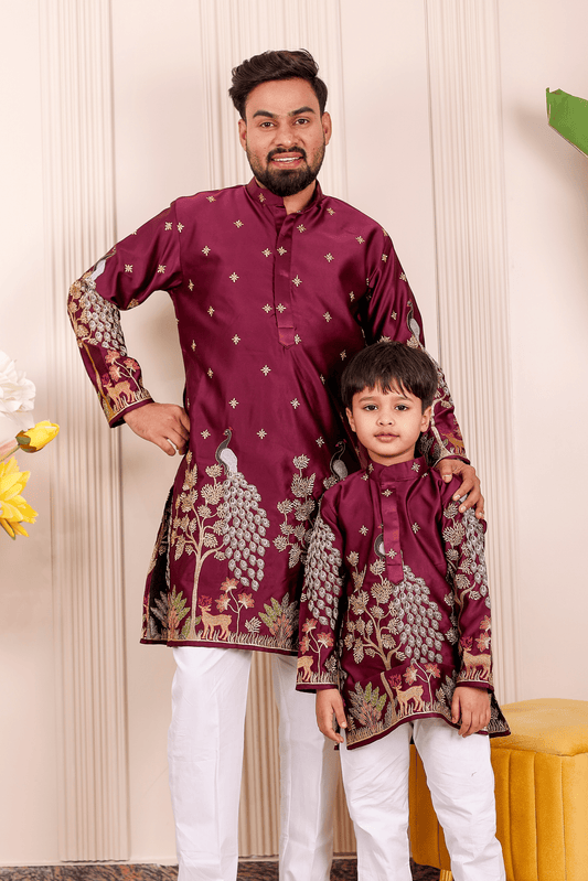 Father-Son Wine Peacock Embroidered Kurta Pajama Combo Set