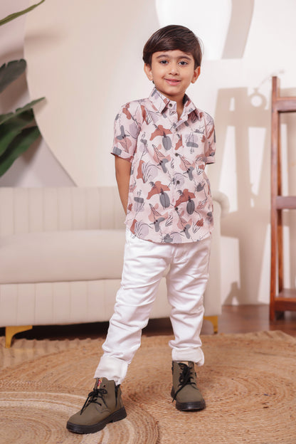 Boy’s shirt from White Symphony family combo — abstract printed cotton shirt ideal for twinning with siblings or parents during vacations and parties.