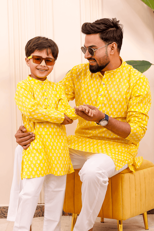 Father-Son Yellow Printed Kurta Pajama Combo Set