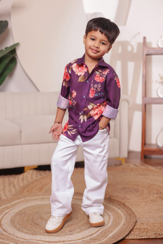 Boy in floral cotton Phoolwari shirt—a comfortable and stylish shirt for everyday wear or family matching sets.
