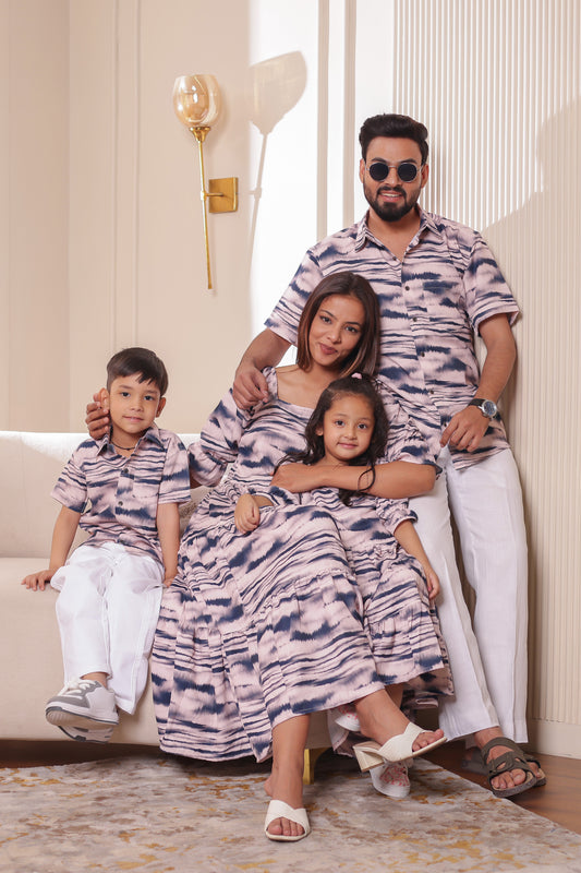 Ocean Wave family combo dress in matching cotton outfits—perfect for twinning as a family with coordinated styles for parents and kids in wave print