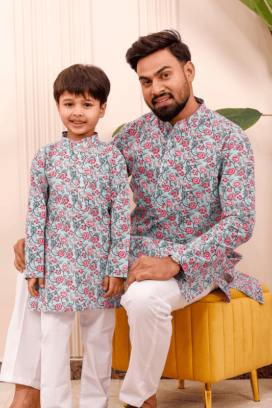 Father-Son Mint Floral Kurta Pajama Combo Set