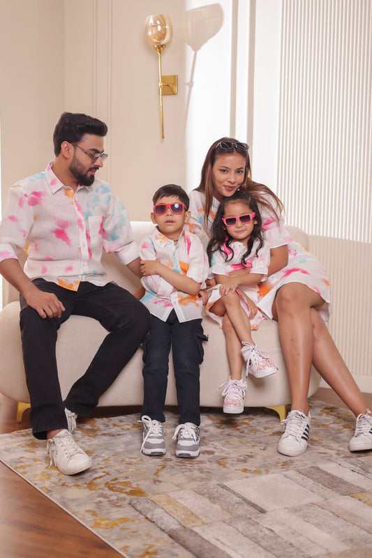 Matching clothes for the family — Cotton Candy combo with pastel splash print shirts and dresses. Family matching outfits in all sizes.
