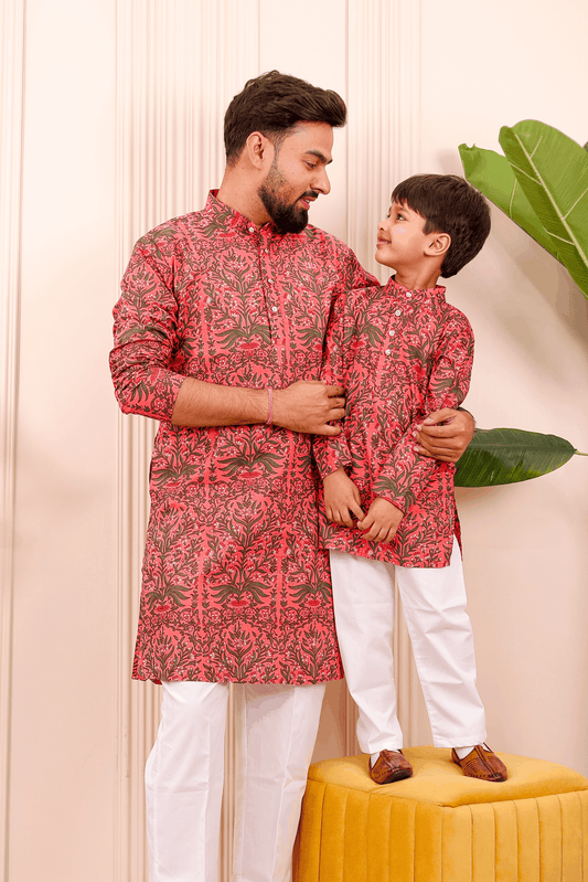 Father-Son Ruby Pink Floral Kurta Pajama Combo Set