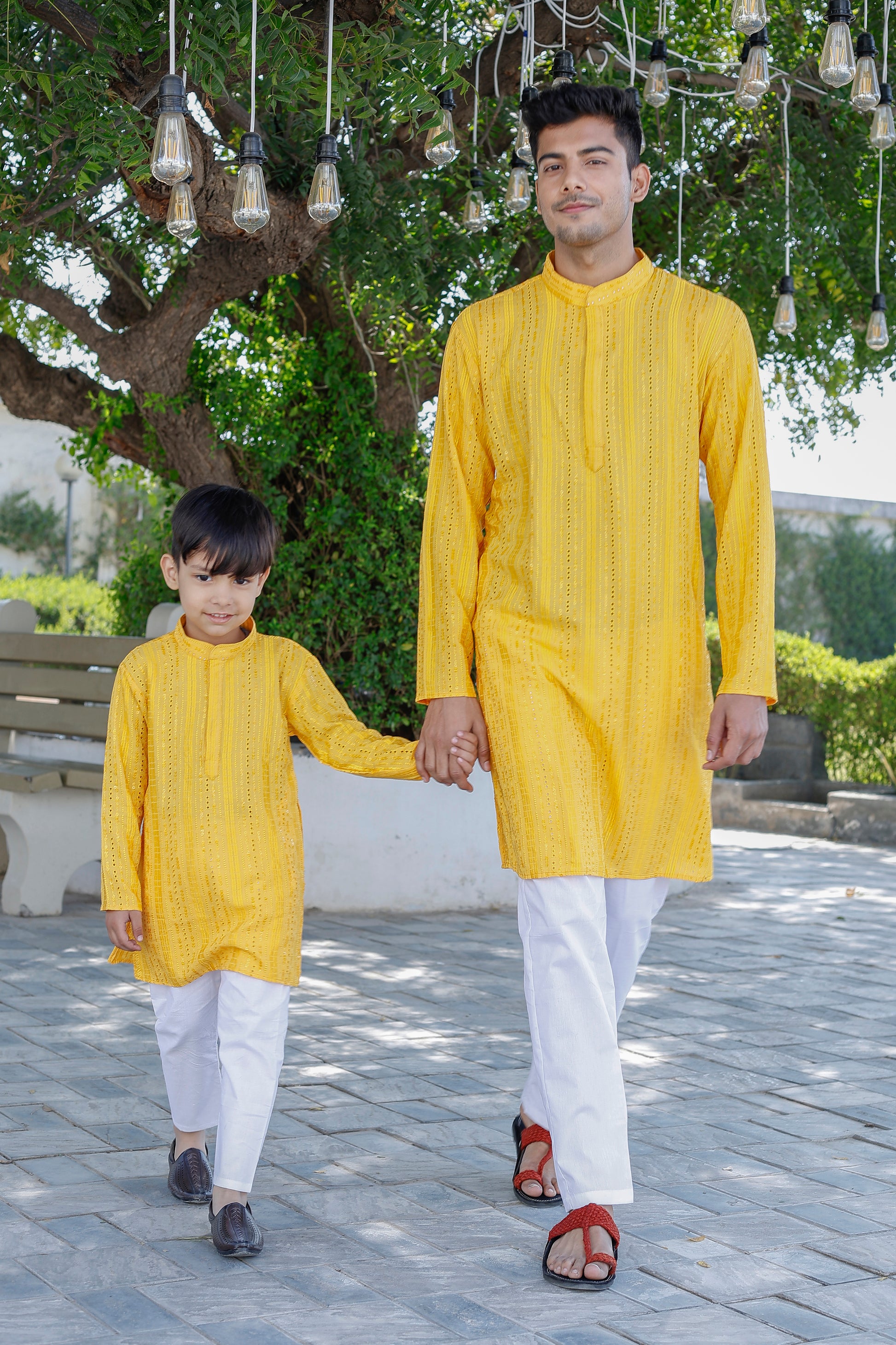 Father-Son Yellow Stripe Kurta Pajama Combo Set – Matching Ethnic Wear for Weddings & Diwali