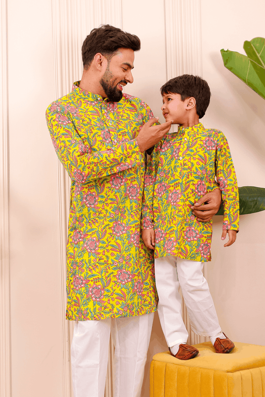 Father-Son Rangoli Yellow Kurta Pajama Combo Set