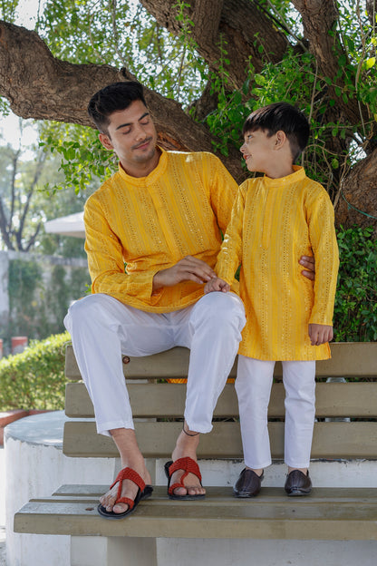 Father-Son Yellow Stripe Kurta Pajama Combo Set