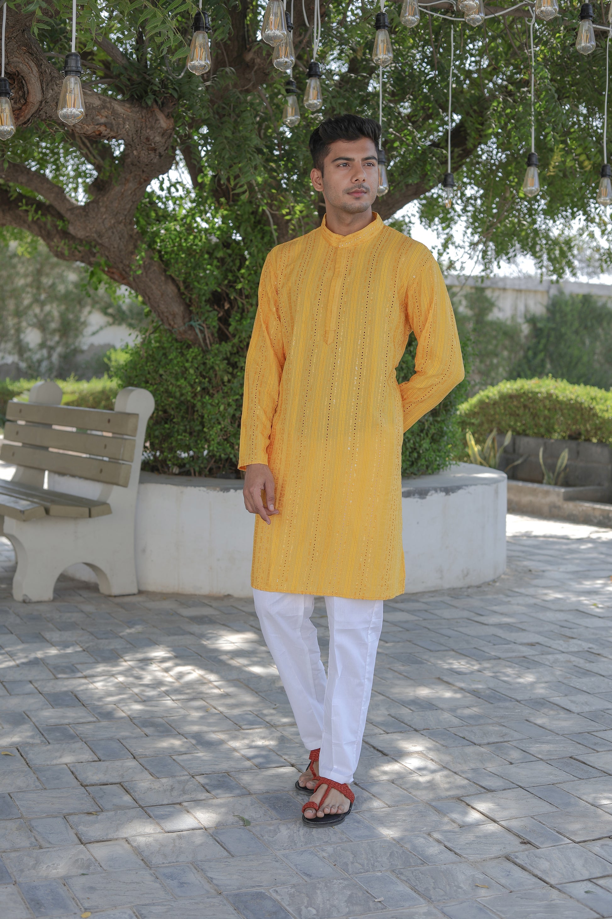 Men’s Yellow Stripe Kurta Pajama – Festive Cotton Ethnic Wear