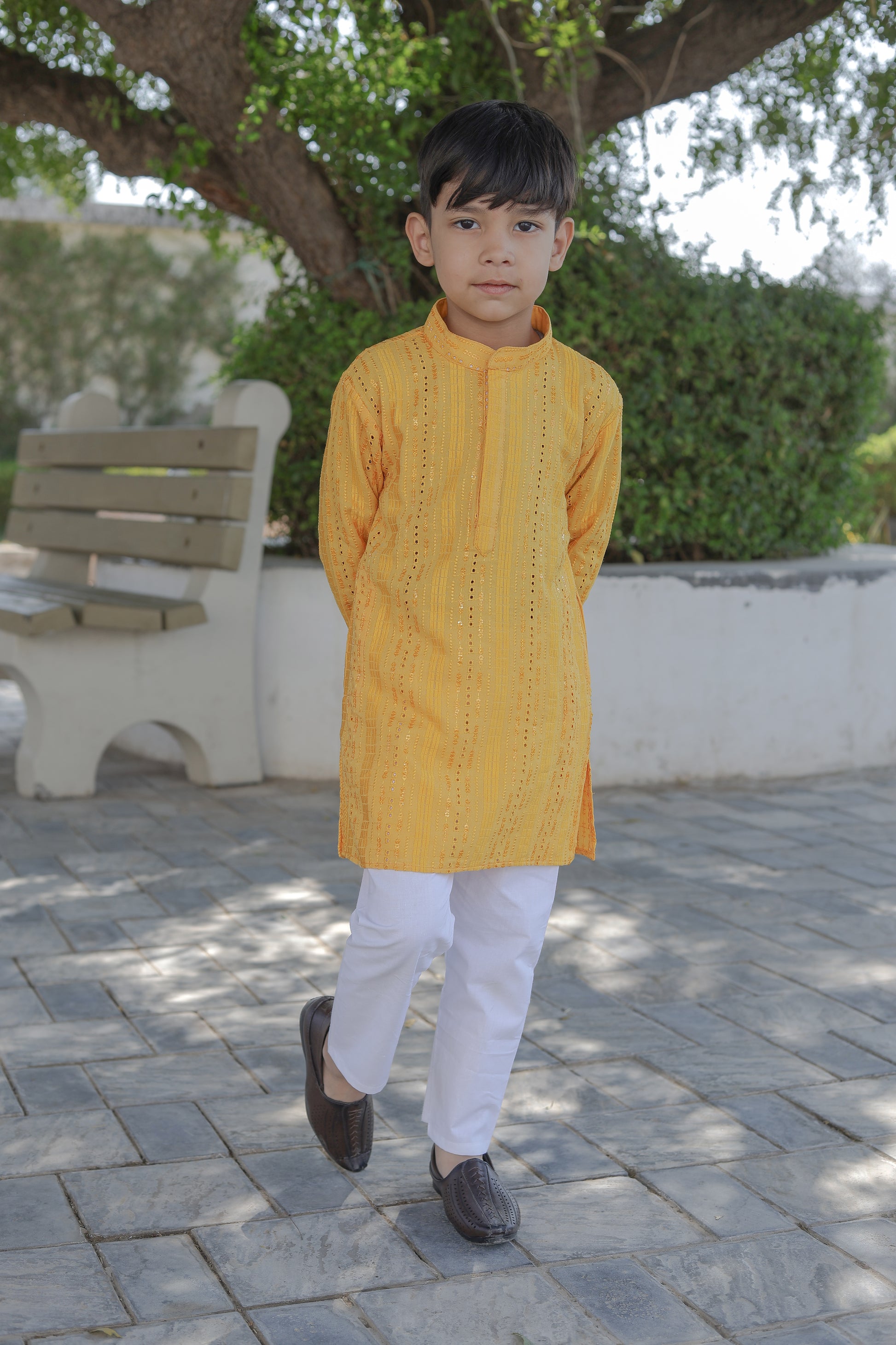 Boy’s Yellow Stripe Kurta Pajama – Twinning Outfit for Festivals