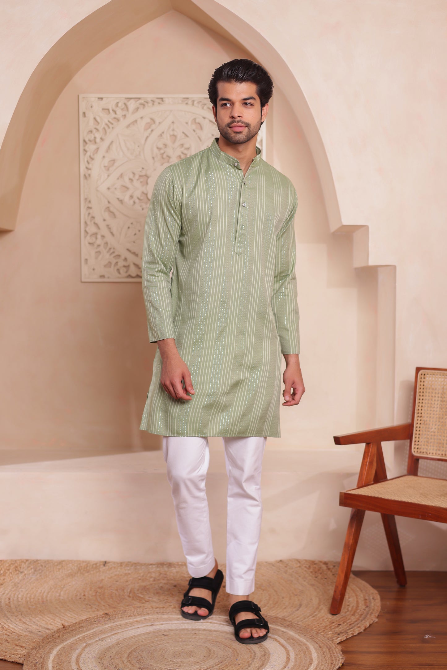 Men’s green stripe kurta pajama set – premium cotton blend ethnic wear for weddings and festivals