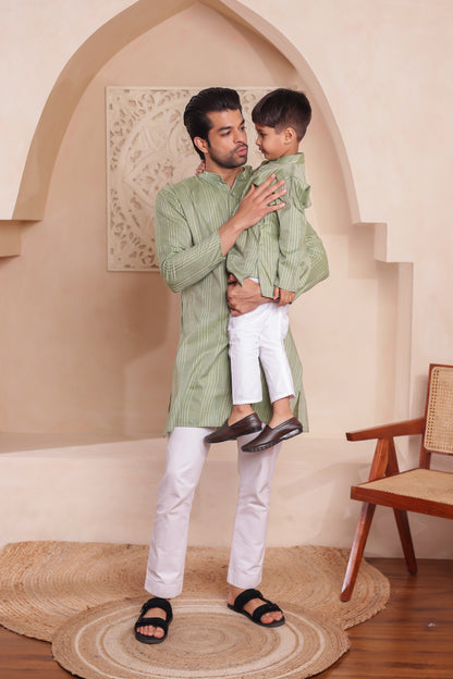 Father-Son Pastel Green Stripe Kurta Pajama Combo Set
