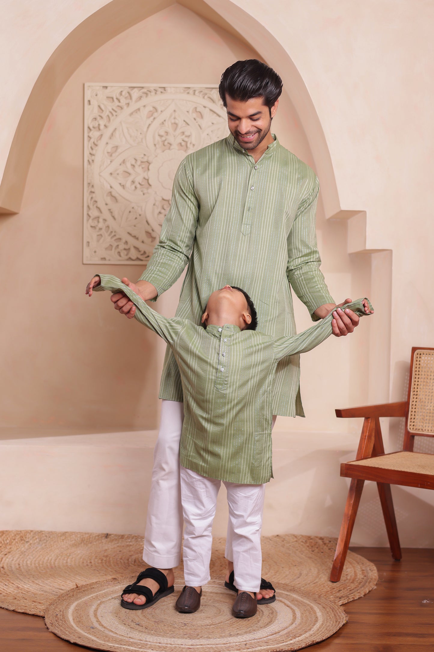 Father-Son Pastel Green Stripe Kurta Pajama Combo Set