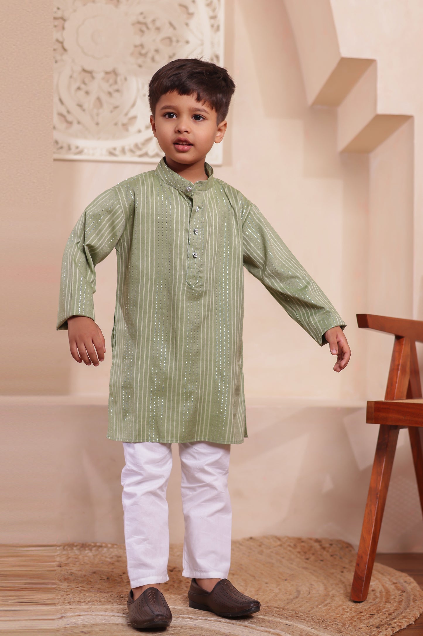Boy’s green stripe kurta pajama set – comfortable cotton ethnic wear for festive occasions and family twinning
